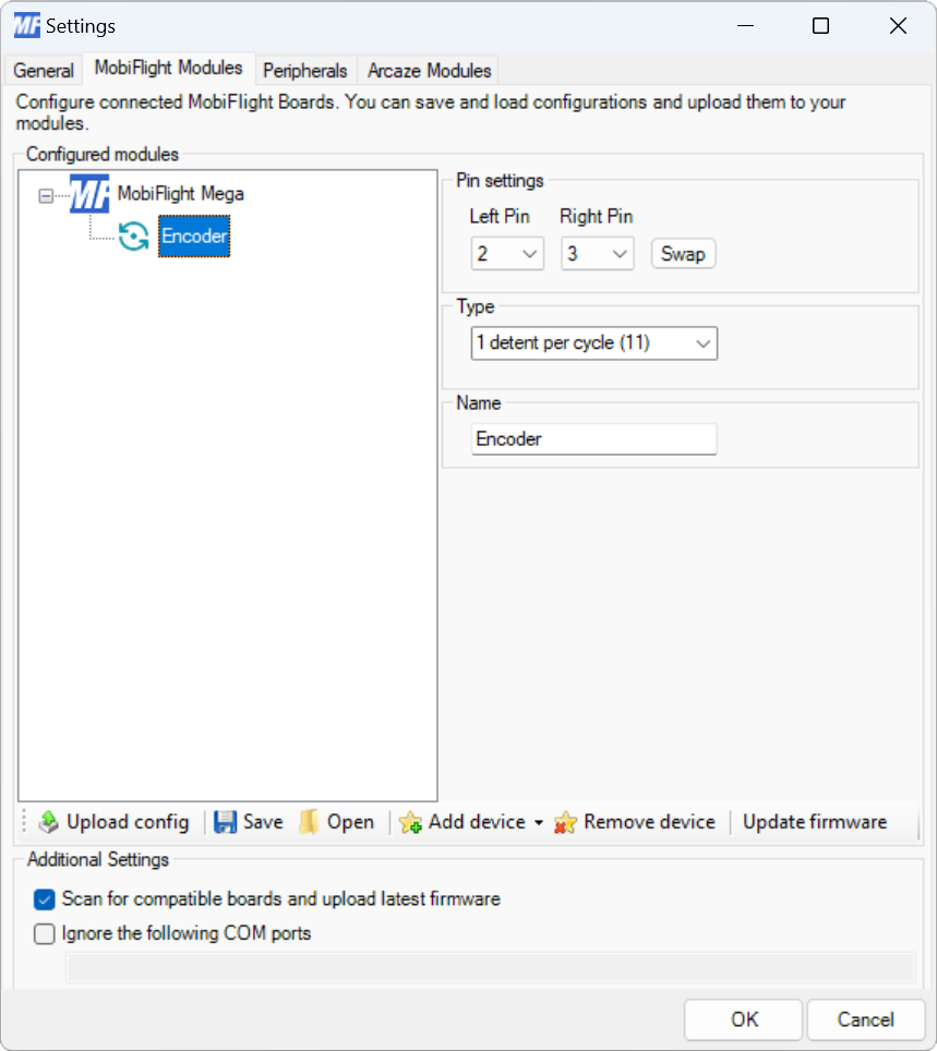 Screenshot of the Modules dialog with the encoder configuration showing.