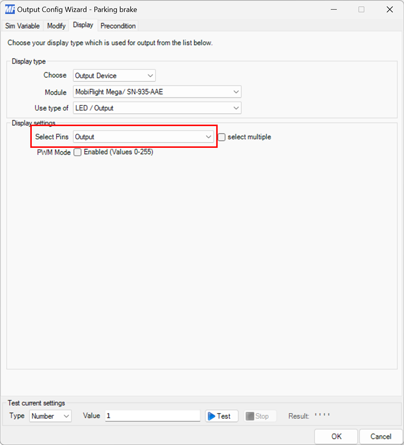 Screenshot of the display tab in the output dialog with an LED output selected in the select pins dropdown.