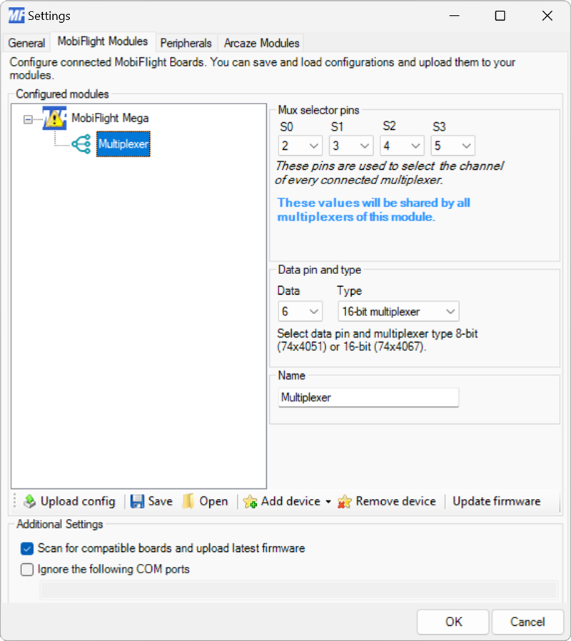 Screenshot of the settings for a 74HC4067 multiplexer, with pin 2, 3, 4, and 5 selected, data pin 12, 16-bit multiplexer, and Multiplexer as the name.