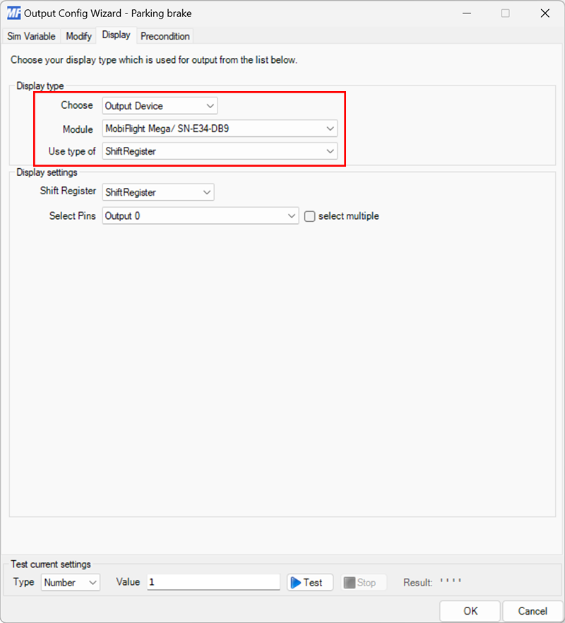 Screenshot of the display tab in the output dialog with a board and ShiftRegister type selected.