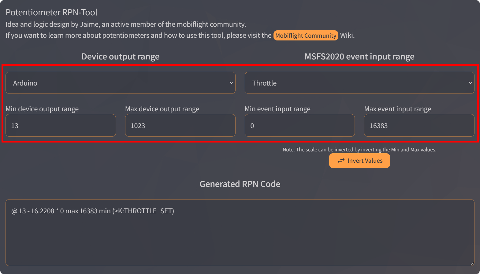 Screenshot of the HubHop potentiometer tool with the values set for a 23 to 1023 potentiometer and a throttle input.