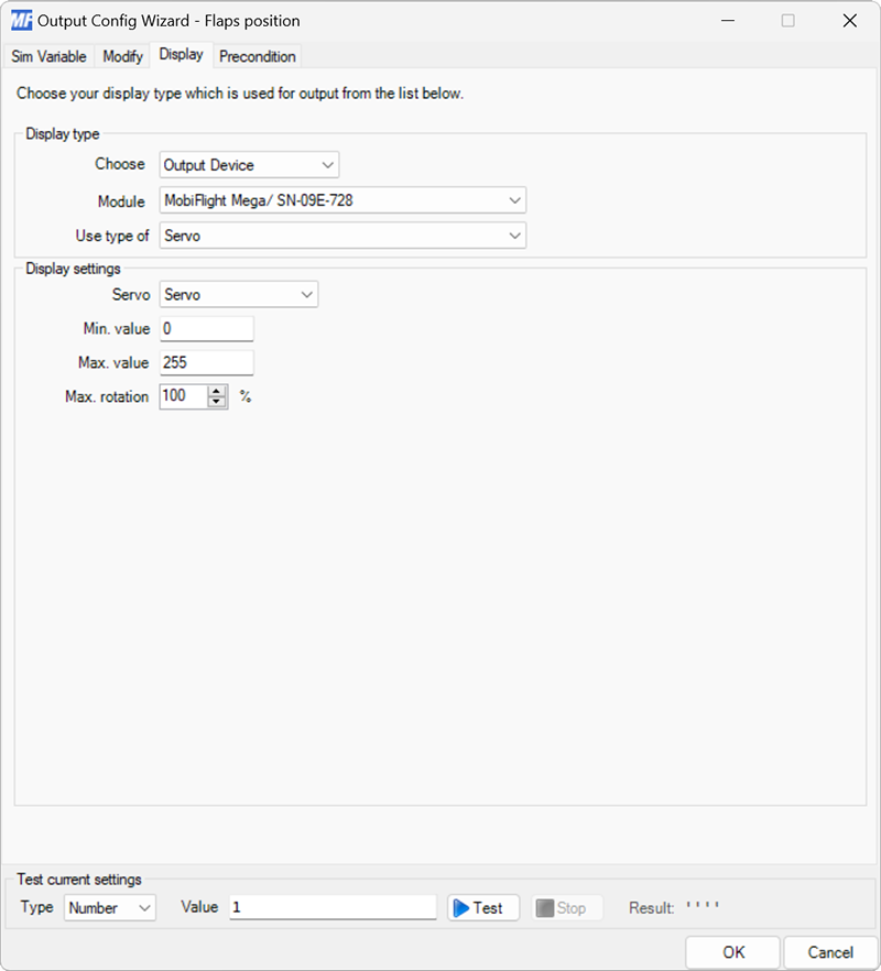 Screenshot of the Display tab with the servo output type selected.