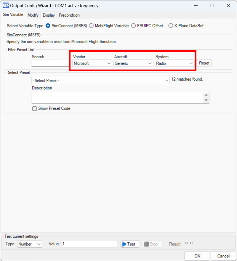 Screenshot of the sim variable tab in the output dialog filtered by Microsoft / Generic / Radio.