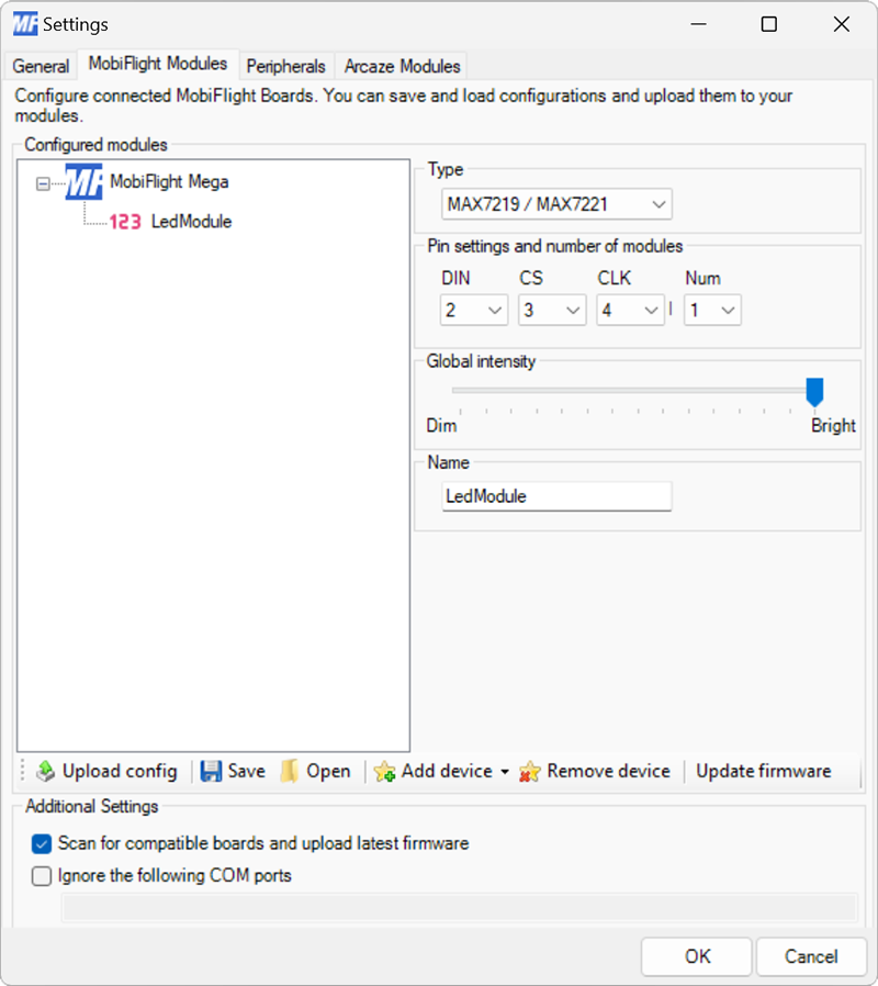 Screenshot of the Modules dialog with the MAX7219 7-segment display configuration showing.