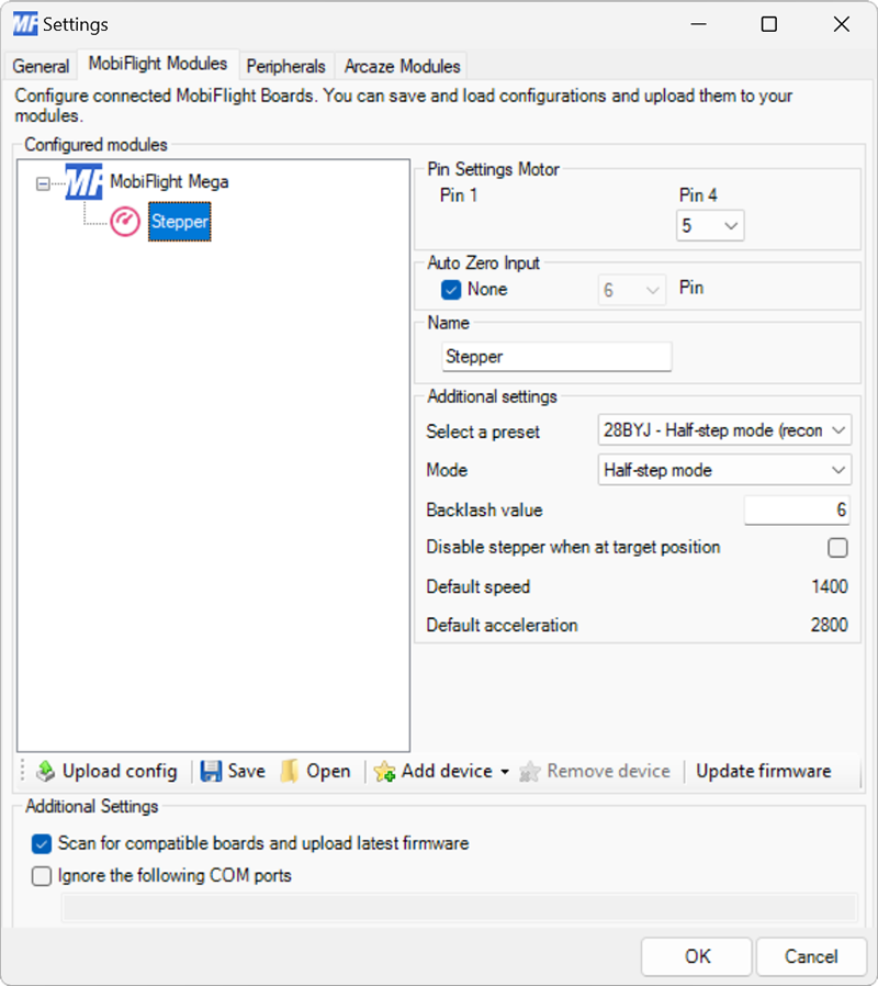 Screenshot of the settings for a stepper motor, with pin 2, 3, 4, and 5 selected, Stepper as the name, and the 28BYJ - Half-step mode (recommended) preset selected.