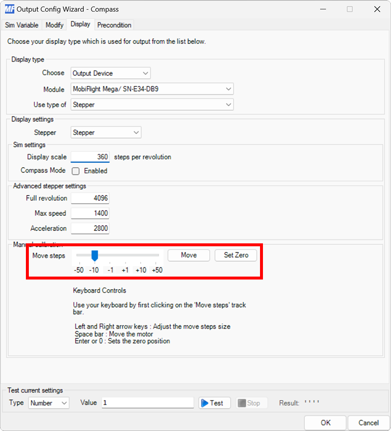 Screenshot of the display tab in the output dialog with the Move Steps slider, Move button, and Set Zero button highlighted.