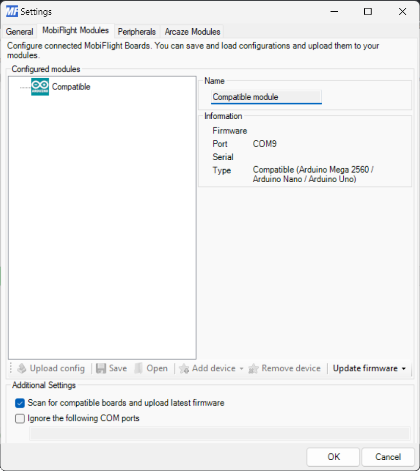 Screenshot of the MobiFlight Modules dialog with a compatible module showing in the list.