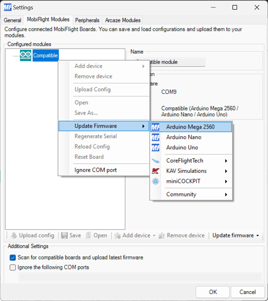 Screenshot of the MobiFlight Modules dialog with the Update Firmware menu open.